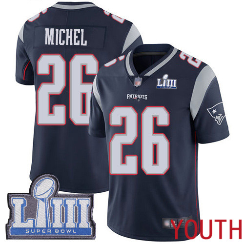 New England Patriots Football #26 Super Bowl LIII Limited Navy Blue Youth Sony Michel Home NFL Jersey